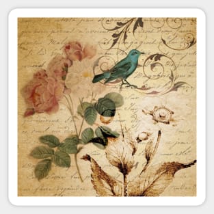 modern vintage rose bird paris french botanical floral art Sticker